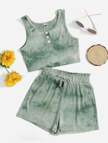 

girls tie dye button detail tank & tie paperbag waist shorts she, White