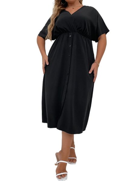 

plus solid button front a-line dress t3kk#, Black