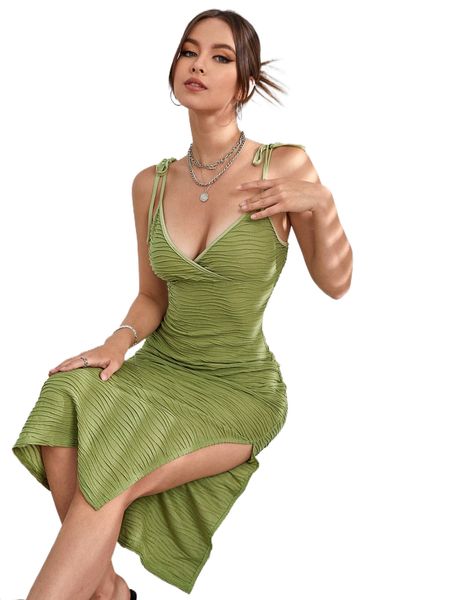 

tie shoulder split thigh cami dress b8fl#, Black;gray