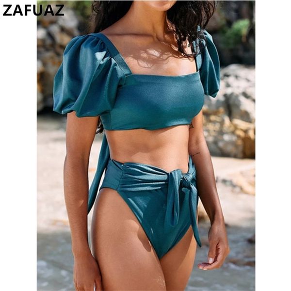 Sexy Bikini 2-teiliger Damen-Badeanzug, einfarbig, kurze Puffärmel, Sommer, hohe Taille, rückenfrei, Badeanzug, Strandmode 220620