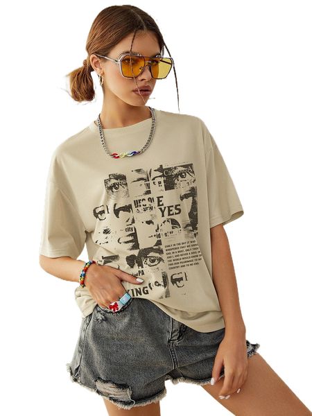 

figure & slogan graphic drop shoulder tee 611n#, White