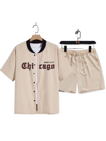 

men letter graphic baseball collar shirt & drawstring waist shorts without tee v8b6#, Gray