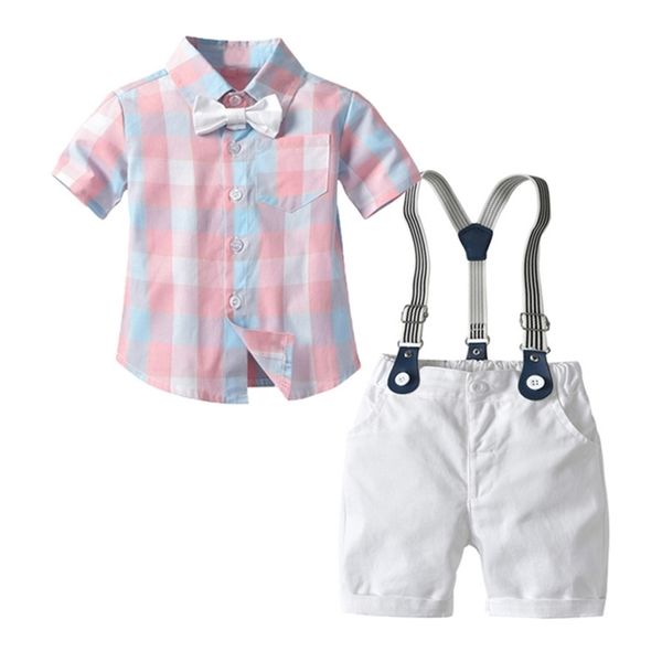 

kid boy shirt formal clothes set summer baby boys bow gentleman wedding party adjust suspender shorts children costume 1 5 years 220620, White