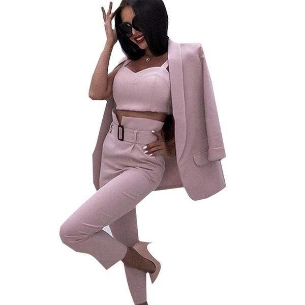 

mvgirlru office ladies solid 3 pieces set buttonless slim blazer camis and pant women pants suits y200110, White