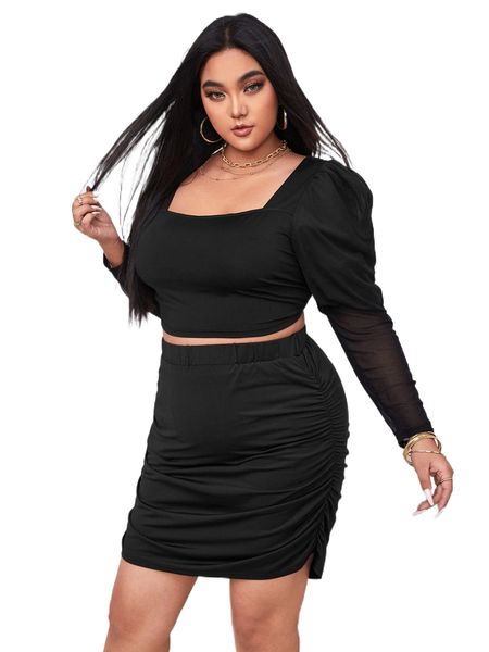 

plus gigot sleeve contrast mesh crop & ruched bodycon skirt h86k#, Black