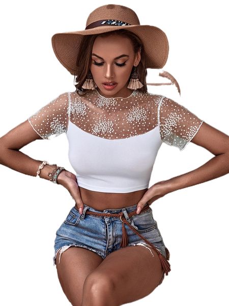 

contrast ditsy floral mesh crop 458w#, White