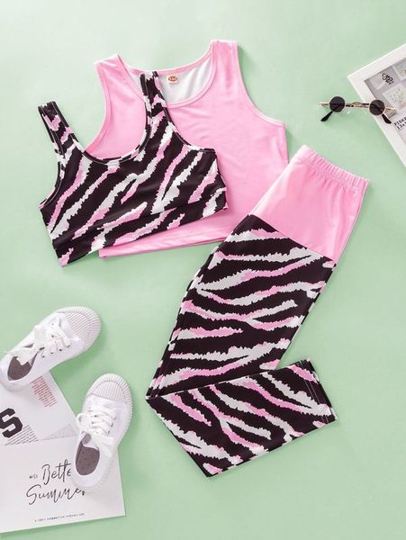 

girls zebra striped tank & solid tank & pants she, White