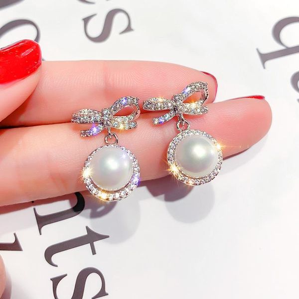 

stud design bowknot earrings for women exquisite sweet love pearl inlaid zircon party jewelry accessories gift, Golden;silver