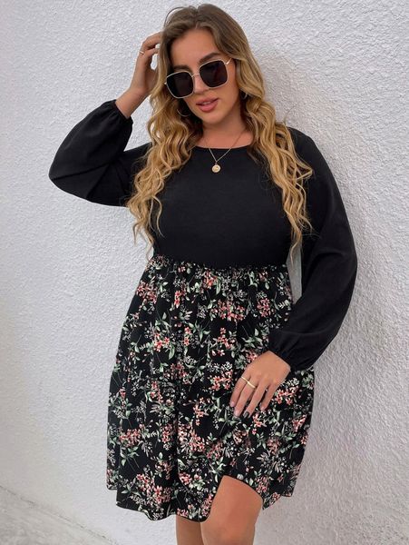 

plus floral print ruffle hem dress 31s1#, Black