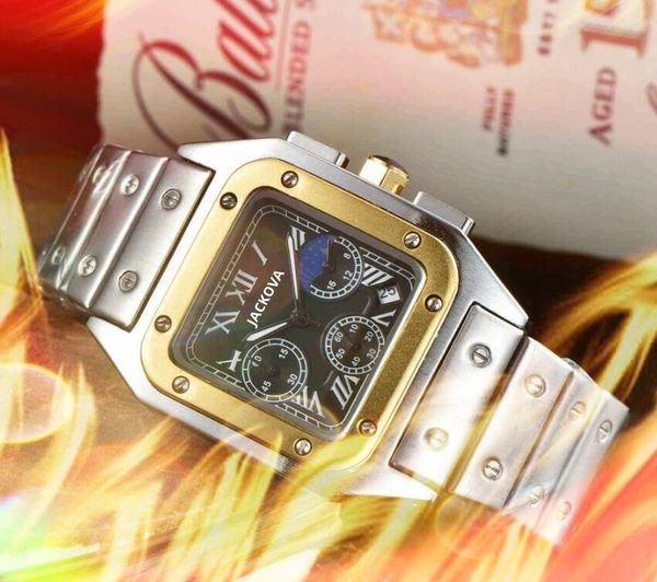 Alle Zifferblätter funktionieren, quadratisches römisches Zifferblatt, automatisches Datum, Herrenuhren, luxuriöse Mode, Herrenuhr mit Vollstahlband, Quarzwerk, Gold, Silber, Freizeit-Armbanduhr