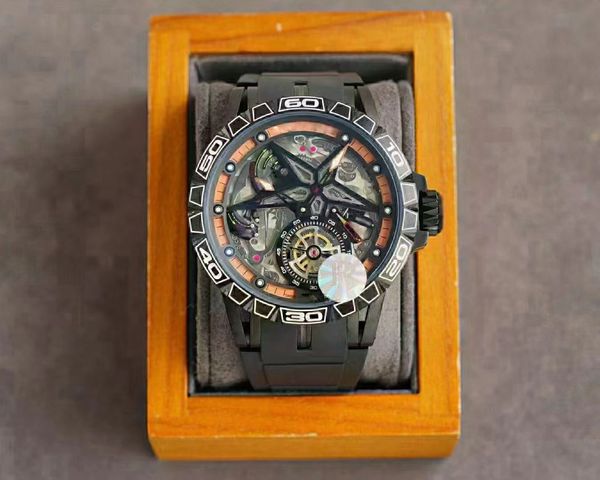 

aaa mens watches automatic skeleton luxury watch round time scale luminous 45mm dial flywheel strap red tape classic quartz watches for men, Slivery;brown