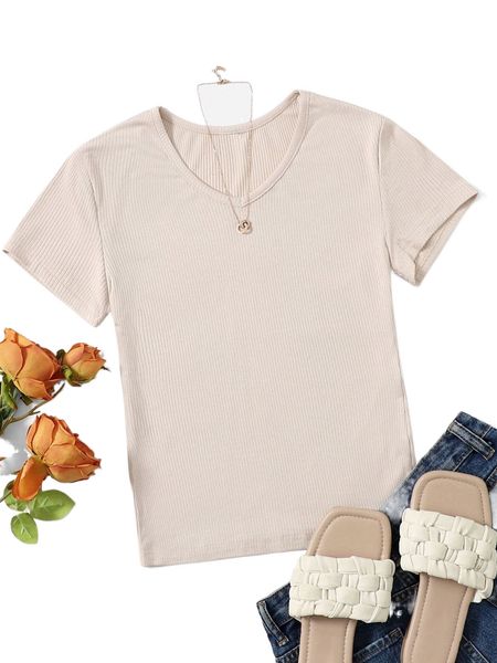 

v neck rib knit solid tee 47cm#, White