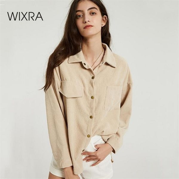 

wixra women solid blouse ladies casual corduroy long sleeve turn down collar pockets shirts autumn spring basic 210226, Black;gray