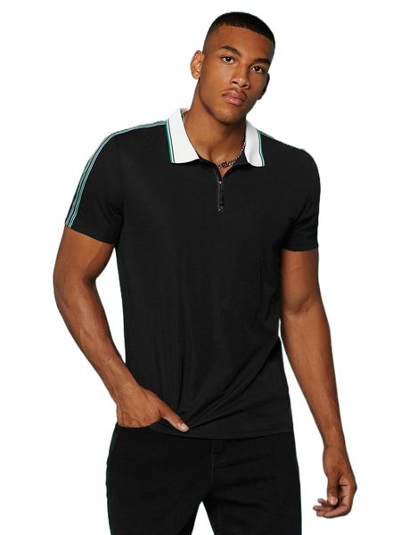 

men contrast collar striped tape panel quarter zip polo shirt k4kv#, White;black