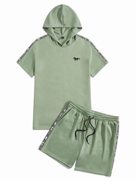 

men letter graphic hooded tee & track shorts set 74vq#, Gray