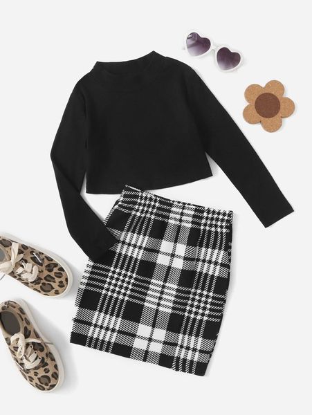 

toddler girls mock neck tee & plaid skirt she, White