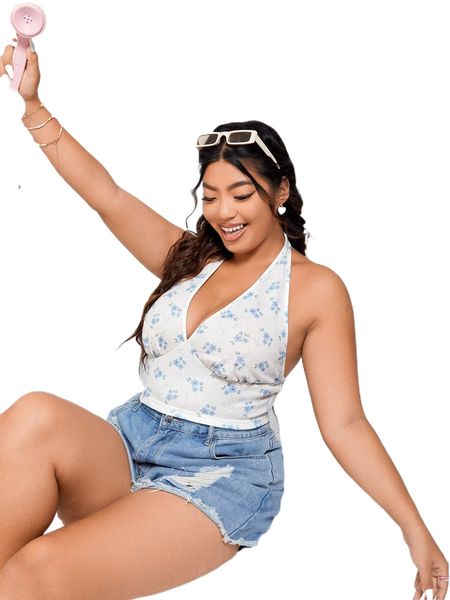 

plus floral print backless halter x7af#, Black