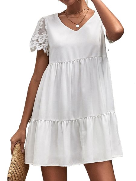

floral embroidery mesh ruffle hem smock dress z0sg#, Black;gray