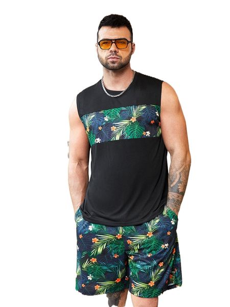 

men tropical print tank & shorts u71s#, Gray