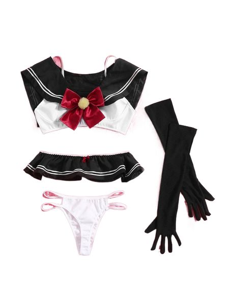 

romwe kawaii 4pack bow decor school costume set k7pt#, Black;red