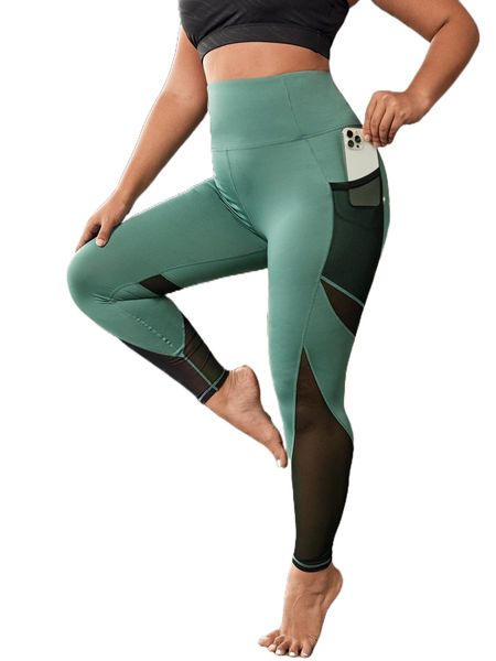 

plus contrast mesh phone pocket sports leggings p70w#, Black