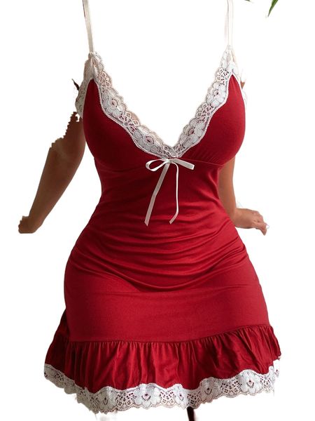 

contrast lace bow ruffle hem night dress t9y5#, Black;red