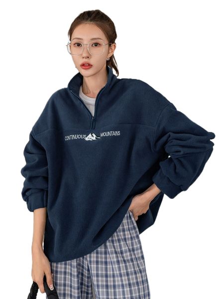 

dazy mountain and letter embroidery quarter zip drop shoulder fleece sweatshirt without tee i98c#, Black