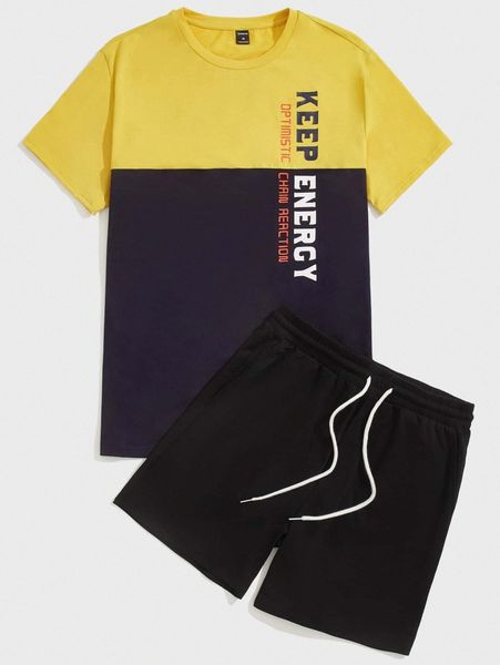 

men letter graphic colorblock tee & drawstring waist shorts e3dp#, Gray