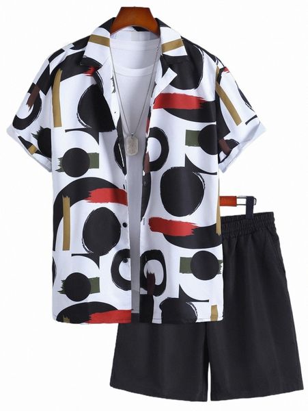 

men random geo print button up shirt with shorts without tee l0s0#, Gray