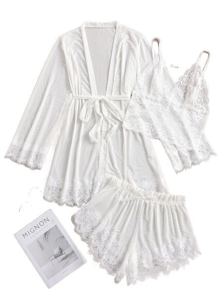 

4pack contrast lace mesh lingerie set with robe & belt i8tj#, Black;red