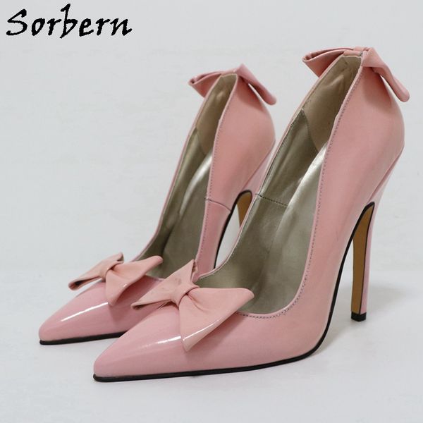 

sorbern 14cm high heel pump dress shoes genuine leather bowknot stilettos slip on cute shoes fetish transfer girl, Black
