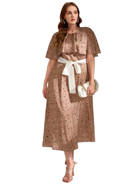 

plus ditsy floral print overlay belted dress v4z4#, Black