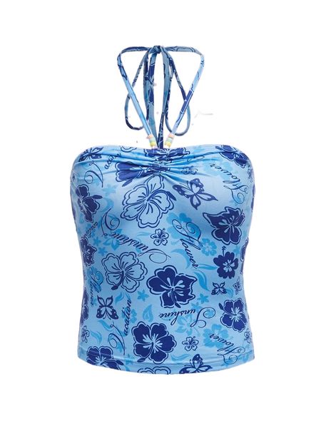 

floral & letter graphic bead detail tie back halter y0nz#, White