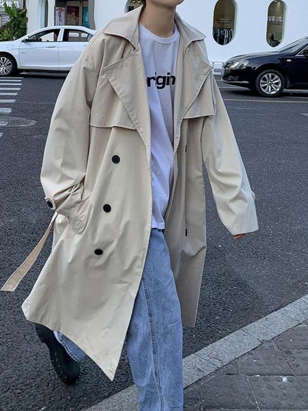 

men's trench coats zcsmll men's loose mid length trend coat simple lapel double breasted lightweight windbreaker causal black over, Tan;black