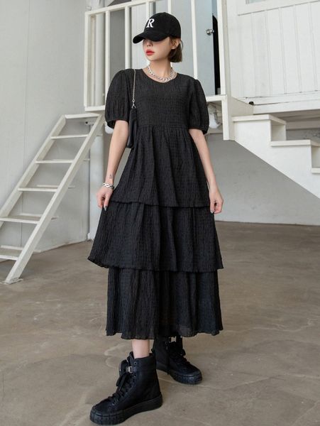 

dazy solid textured puff sleeve layered hem dress v9aa#, Black;gray