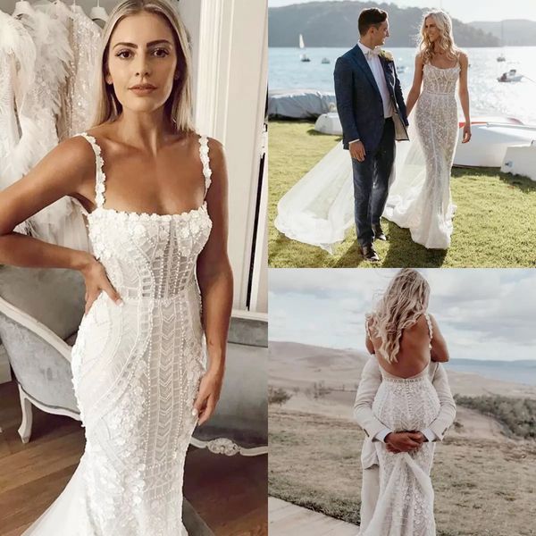 Spitze Meerjungfrau Brautkleider, quadratischer Ausschnitt, Spitze, appliziert, sexy, rückenfrei, Vestidos de Novia, Sweep-Zug, Perlen, Sommer-Strand-Hochzeitskleid