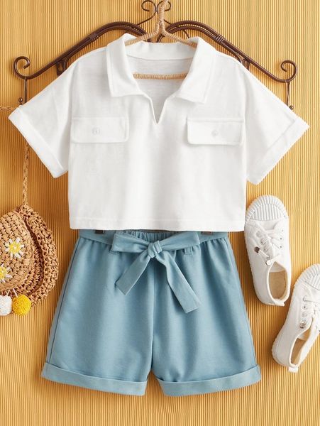 

girls dolman sleeve tee & roll up hem belted shorts she, White