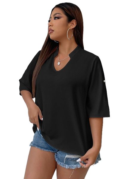

plus notched neckline roll tap sleeve blouse z1ze#, Black