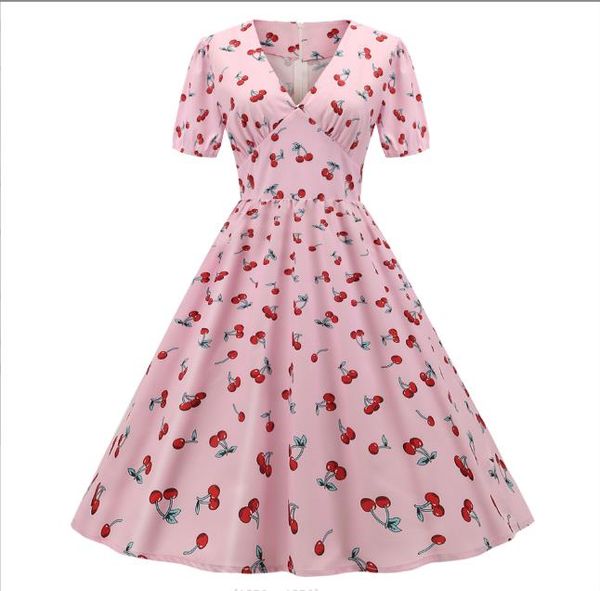 

casual dresses new pink waist v-neck puff sleeve cherry print dress, Black;gray
