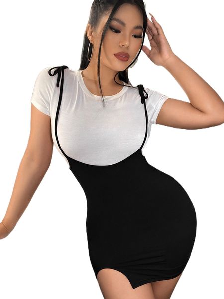 

sxy knot strap suspender dress without tee k5fn#, Black;gray