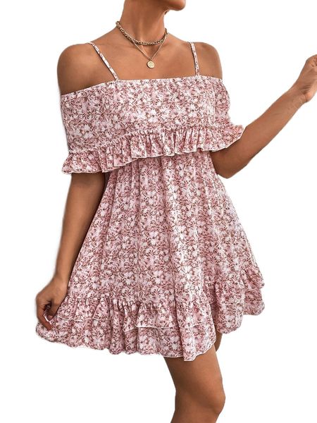 

d.itsy f.loral print c.old s.houlder r.uffle trim d.ress f6n1#, Black;gray