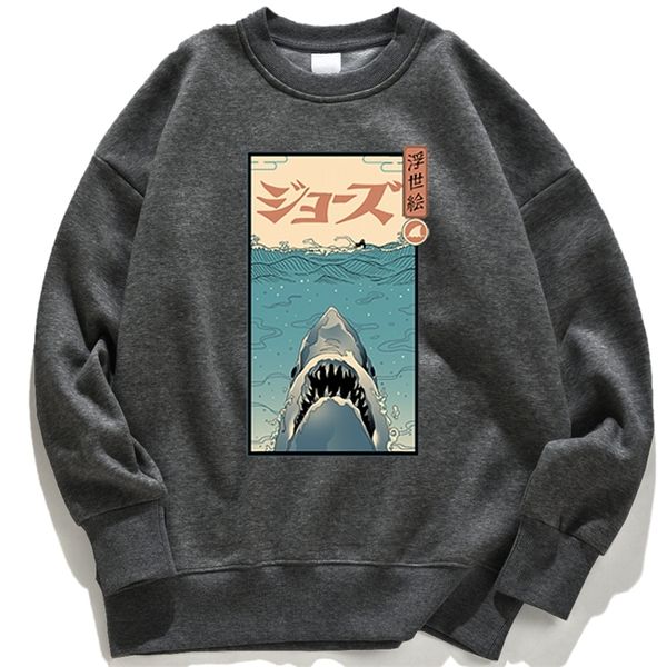 

ferocious marine life shark male tracksuits japanese ukiyo pattern sportswear male famous brand streetwear loose sweatshirt 220721, Black
