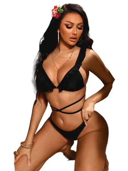 

frill trim bikini swimsuit 79ed#, White;black