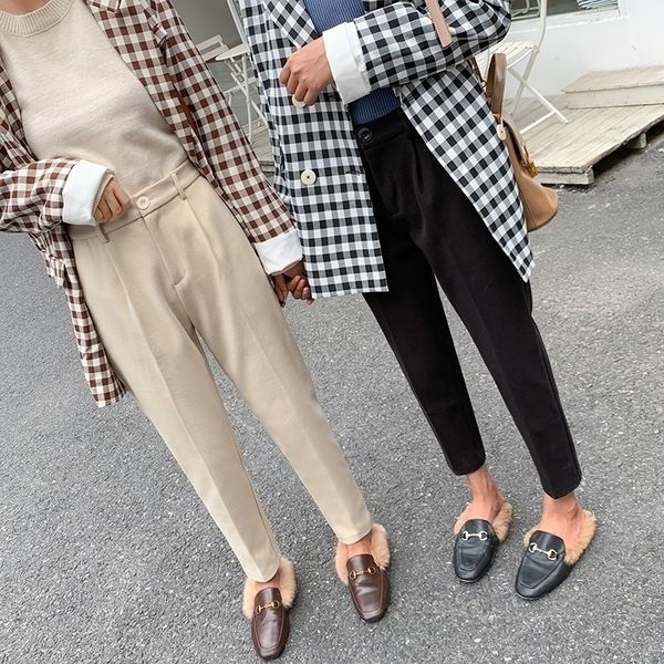 

winter wool pants women high slim waist harem elegant trousers female ol autumn warm womens anklelength pants y200418, Black;white