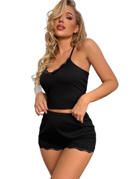 

lace trim cami & shorts pj set y2uy#, Black;red