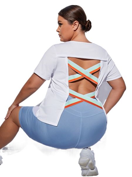 

plus criss cross backless sports tee r214#, Black