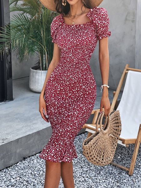 

ditsy floral puff sleeve shirred bodycon dress r2fy#, Black;gray