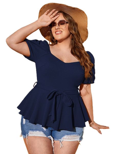 

plus sweetheart neck puff sleeve peplum belted blouse j0o0#, Black