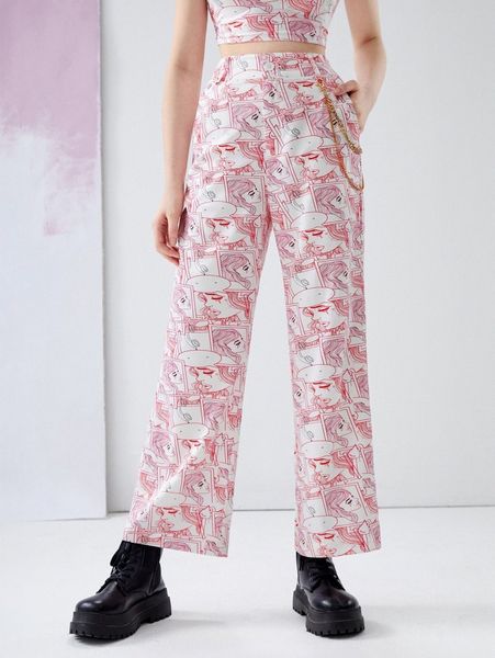 

x crybaby pop art print chain detail straight leg pants r7j9#, Black;white