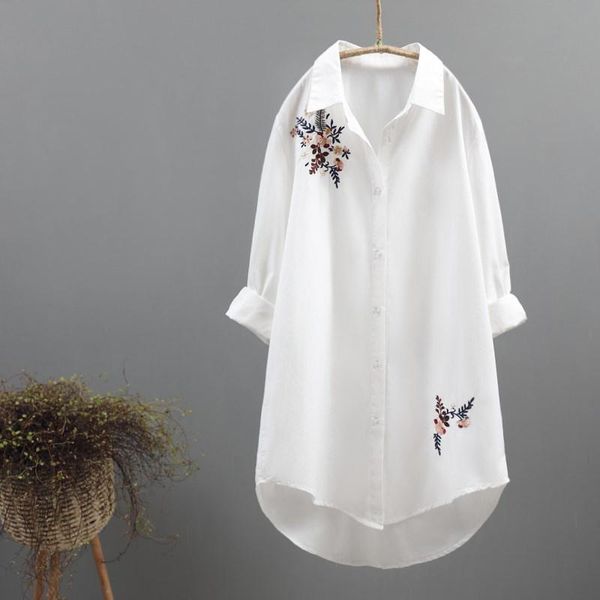 Camicette da donna Camicie Primavera Manica lunga Donna Bianco Ricamo stile nazionale Camicia casual allentata Punto aperto Colletto quadrato Top da donna